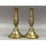A PAIR OF BRASS TABLE CANDLESTICKS AND OTHER BRASS WARE
