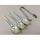 A SET OF SIX SILVER COFFEE SPOONS AND TONGS