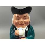 TWO ROYAL DOULTON MINIATURE TOBY JUGS AND THREE OTHERS