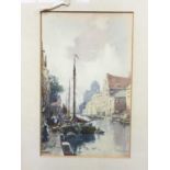 A DUTCH WATERCOLOUR OF A HARBOUR SCENE