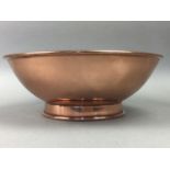 A COPPER BOWL, A PAIR OF SILVER PLATED CANDELABRUM AND OTHER METAL WARE