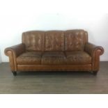 A BROWN LEATHER SETTEE AND MATCHING FOOTSTOOL
