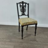 EBONISED HARP BACK HALL CHAIR AND AN OAK SIDE TABLE