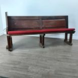 SCOTTISH PITCH PINE CHURCH PEW WITH A BRASS UMBRELLA STAND AT END