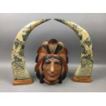 TWO DECORATIVE HORN ORNAMENTS AND A 20TH CENTURY MASK