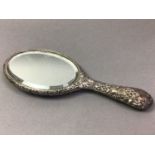 VICTORIAN SILVER HAND MIRROR AND TWO BRUSHES ALONG WITH A SILVER TOPPED INKWELL