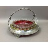 VICTORIAN RUBY GLASS BOWL ON PLATED STAND AND A COMMEMORATIVE MUG