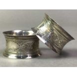 PAIR OF SILVER CIRCULAR NAPKIN RINGS AND OTHERS BIRMINGHAM 1899