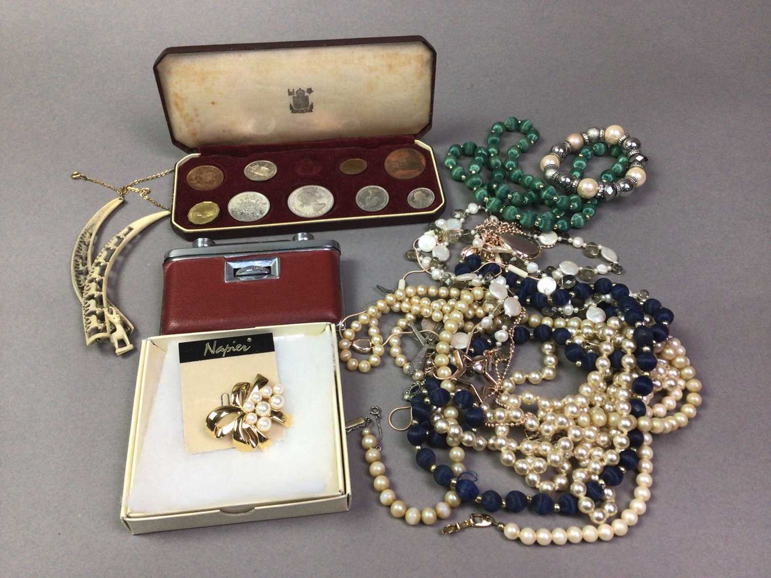 LOT OF COSTUME JEWELLERY ALONG WITH COINS AND A PAIR OF OPERA GLASSES - Image 2 of 2