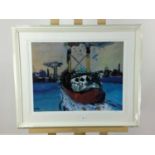 COLOURED PRINT AFTER JAMES ROBERTSON, TUG BOAT SIGNED AND LIMITED EDITION