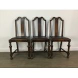 SET OF SIX REPRODUCTION OAK FRAMED DINING CHAIRS EARLY 20TH CENTURY