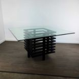 GLASS TOPPED DINING TABLE AND EIGHT DINING CHAIRS