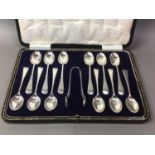 SET OF TWELVE SILVER TEASPOONS AND TONGS