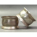 THREE SILVER NAPKIN RINGS ALSO TWO 19TH CENTURY QUAICHS AND A THIMBLE