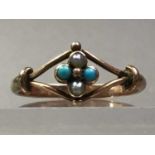 NINE CARAT GOLD VICTORIAN TURQUOISE AND PEARL RING AND A NINE CARAT GOLD BLUE GEM RING