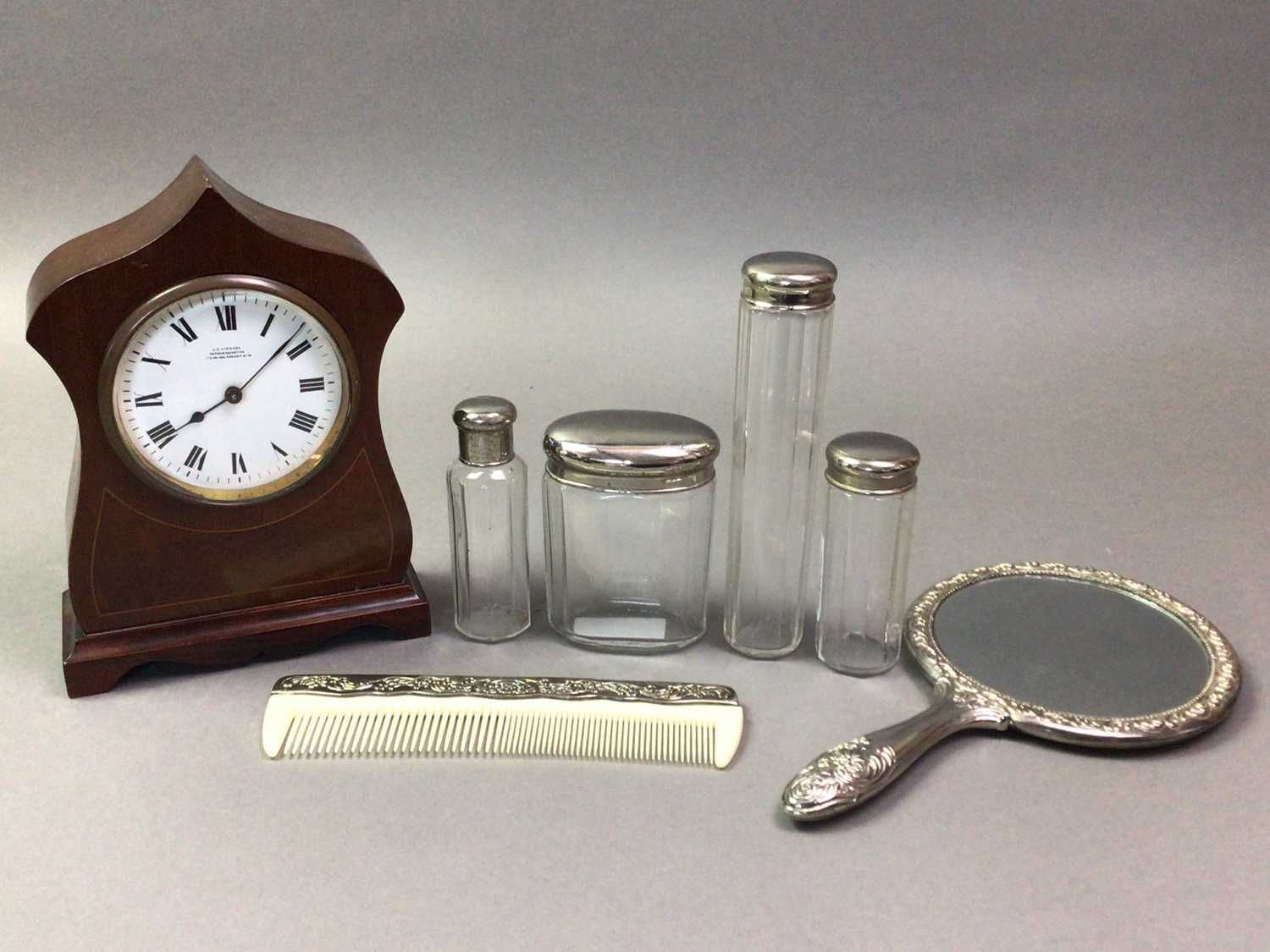 EDWARDIAN WALNUT MANTEL CLOCK AND A PLATED DRESSING TABLE SET - Image 2 of 2