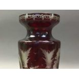 BOHEMIAN STYLE CRANBERRY GLASS VASE AND OTHER GLASS WARE