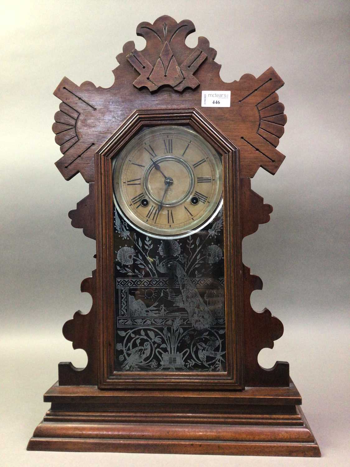 AMERICAN 'GINGERBREAD' SHELF CLOCK AND A CARRIAGE CLOCK - Image 2 of 3