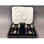 SET OF SIX SILVER TEASPOONS AND OTHER PLATED ITEMS