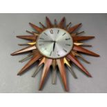 VINTAGE METAMIC TEAK STARBUST WALL CLOCK AND TWO OTHERS