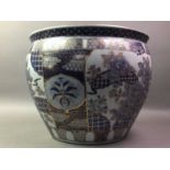 CHINESE FISH BOWL/PLANTER, WITH A MATCHING FOOTBATH AND A SMALLER PLANTER