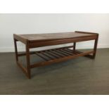 MID CENTURY TEAK TILE TOPPED COFFEE TABLE AND MATCHING NEST OF TWO TABLES