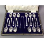 CASED SET OF TWELVE PLATED TEASPOONS AND TONGS ALONG WITH OTHER ITEMS