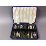 SET OF SIX SILVER TEAPOONS AND TONGS ALONG WITH OTHER FLATWARE