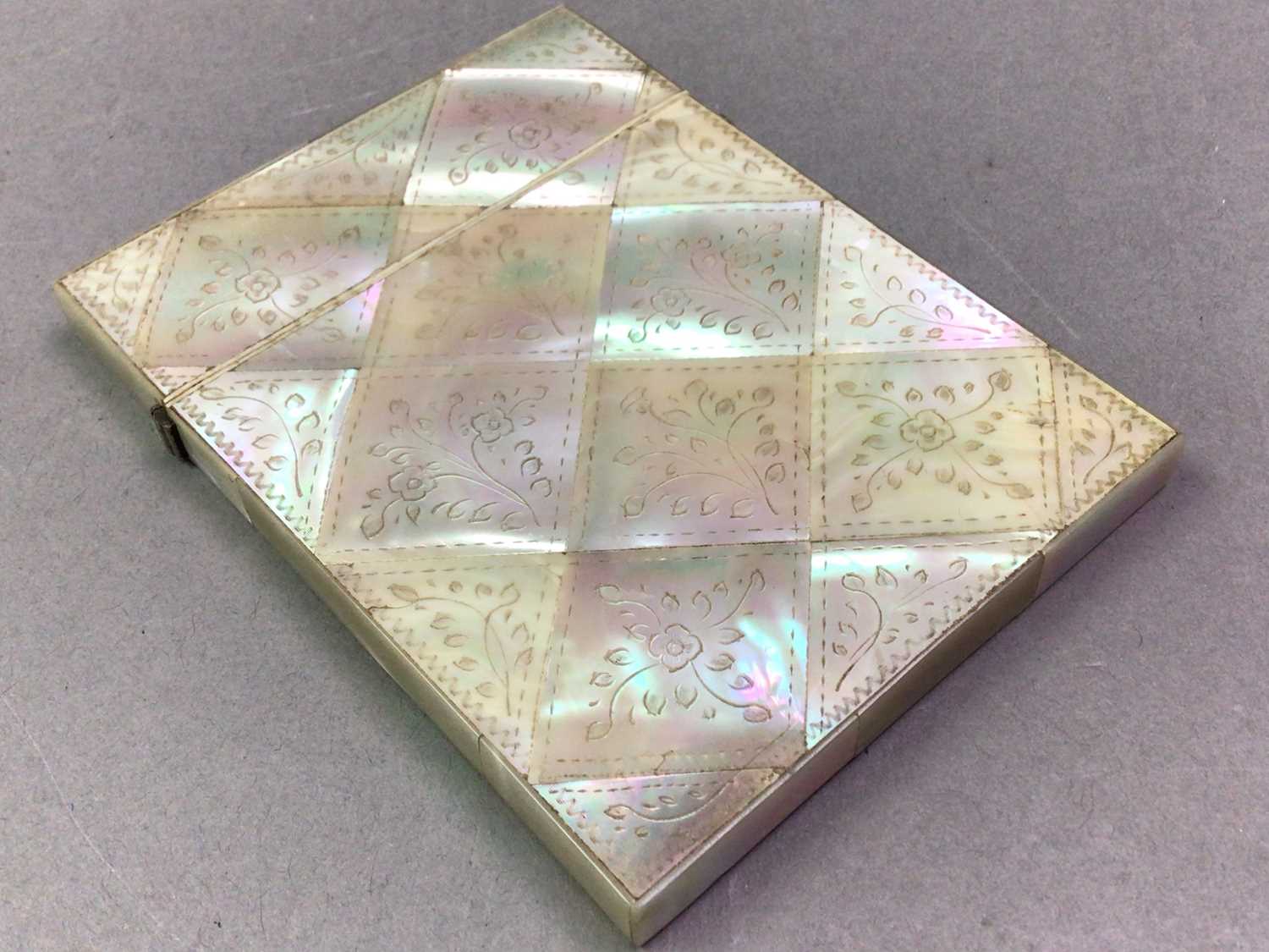 EDWARDIAN MOTHER OF PEARL CARD CASE ALONG WITH A SILVER TRAY AND STAMP LIFT