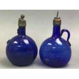 TWO EARLY TO MID-VICTORIAN BRISTOL BLUE FLAGON DECANTERS AND OTHER 19TH CENTURY DECANTERS