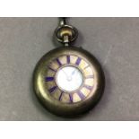 SILVER HALF HUNTER POCKET WATCH WITH CHAIN AND T BAR ALONG WITH AN OPAL AND GEM SET DRESS RING