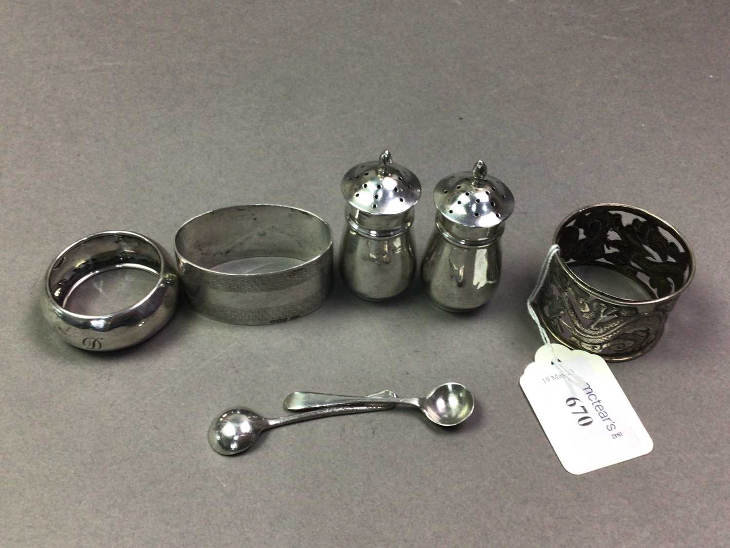 SILVER CRUETS ALONG WITH TWO SILVER AND ANOTHER NAPKIN RING - Image 2 of 2