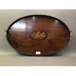 MAHOGANY SERVING TRAY AND TWO BRASS TABLE LAMPS