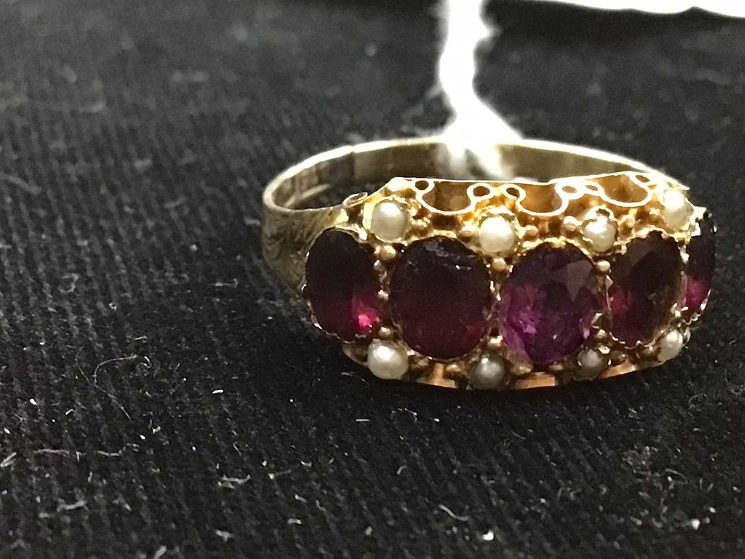 NINE CARAT GOLD RHODOLITE GARNET AND PEARL RING 19TH CENTURY - Image 3 of 5