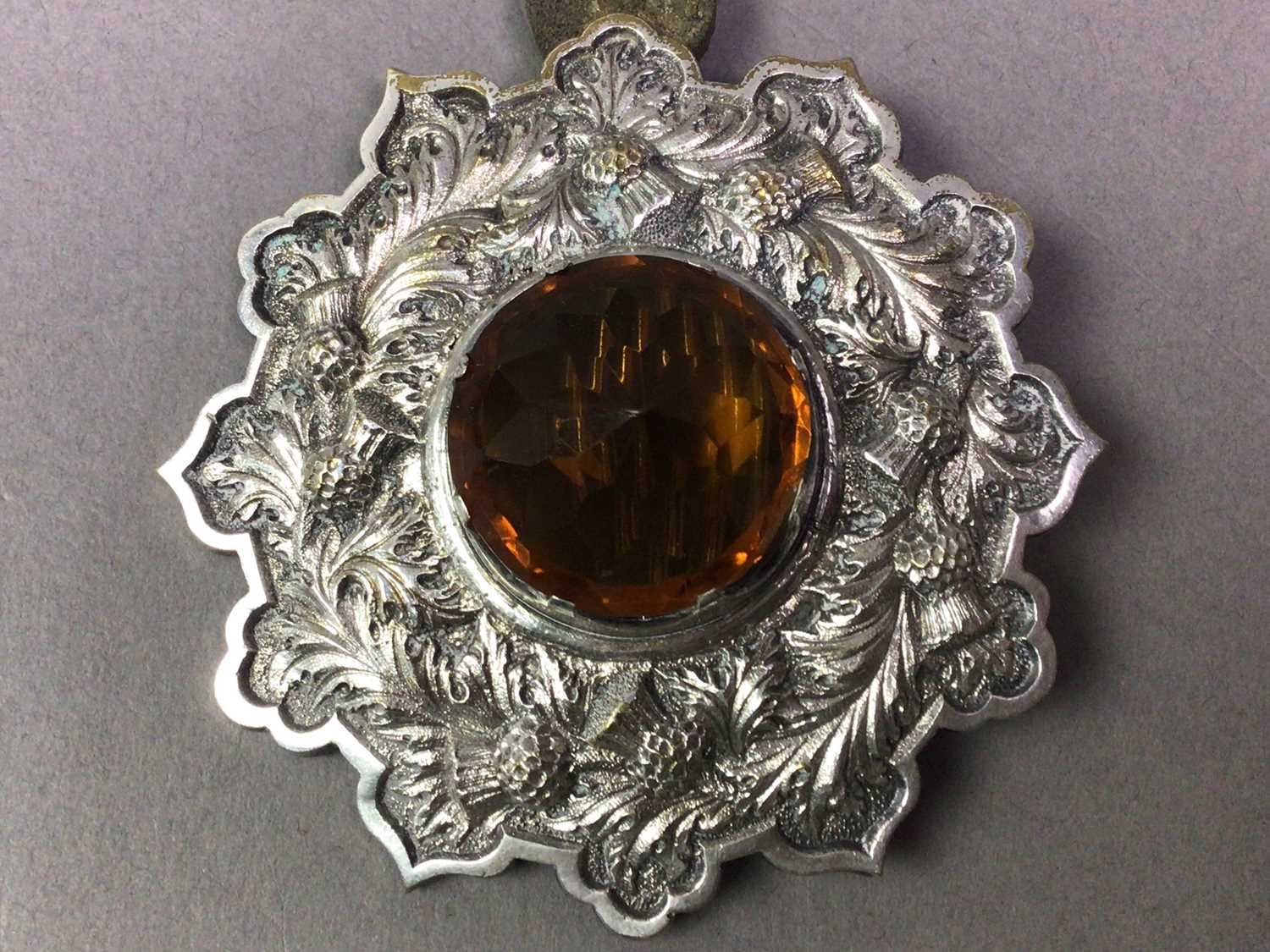 SILVER PLATED PLAID BROOCH AND OTHER ITEMS