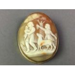 TWO CARVED CAMEO BROOCHES ALONG WITH A SILVER HARDSTONE BROOCH