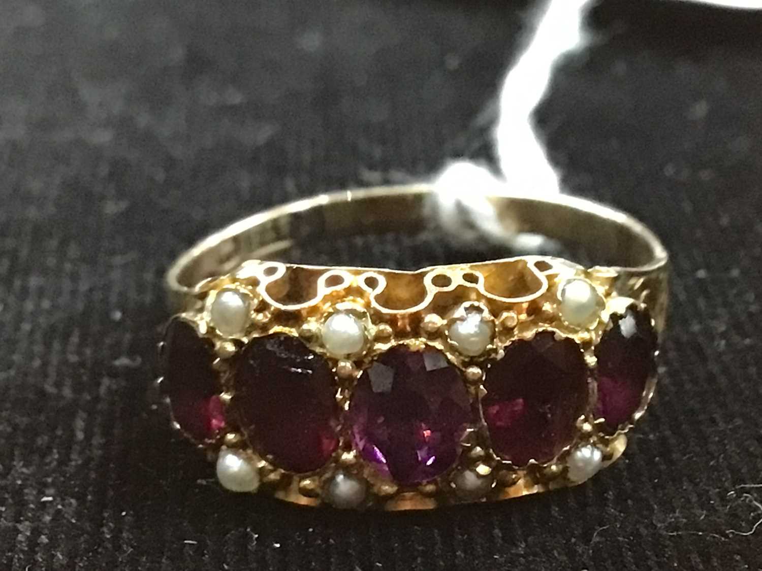 NINE CARAT GOLD RHODOLITE GARNET AND PEARL RING 19TH CENTURY - Image 2 of 5