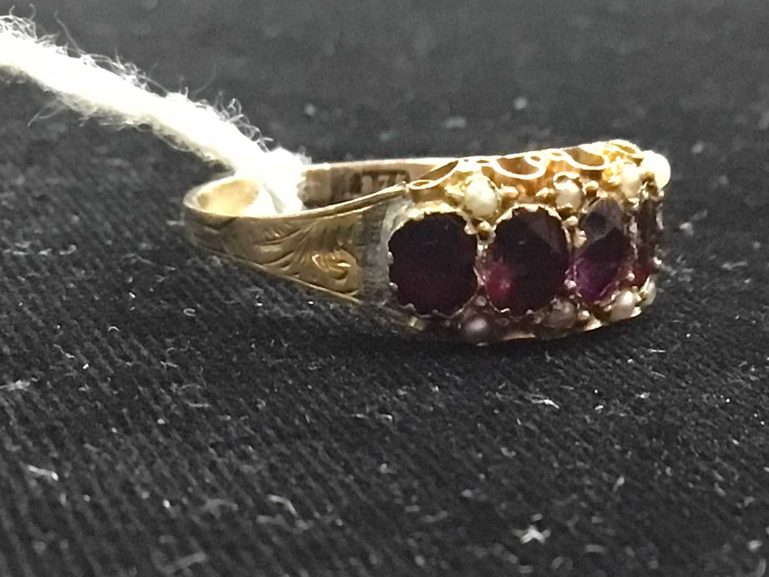 NINE CARAT GOLD RHODOLITE GARNET AND PEARL RING 19TH CENTURY - Image 5 of 5