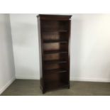 MAHOGANY TALL OPEN BOOKCASE AND A REPRODUCTION MAHOGANY BOW FRONTED CHEST OF DRAWERS