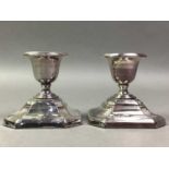 PAIR OF PLATED CANDLESTICKS AND ANOTHER PAIR