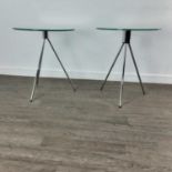 PAIR OF CIRCULAR GLASS SIDE TABLES, A TABLE LAMP AND A CEILING SHADE
