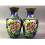 NEAR PAIR OF CLOISONNE VASES AND TWO CHINESE BLUE AND WHITE GINGER JARS