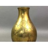 PAIR OF BRASS VASES WITH FLORAL DECORATION ALONG WITH OTHER BRASS VASES
