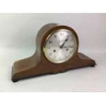 WALNUT MANTEL CLOCK ALONG WITH A REPRODUCTION WALL CLOCK