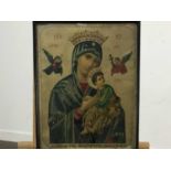 PAIR OF RELIGIOUS PRINTS AND RELIGIOUS WOOLWORK PANEL