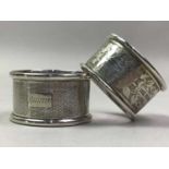 TWO SILVER NAPKIN RINGS AND OTHER ITEMS