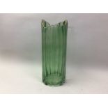 GREEN GLASS VASE WITH ANOTHER VASE AND A SET OF RETRO STYLE TYPHOON KITCHEN SCALES