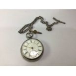 SILVER OPEN FACE POCKET WATCH THREE ALBERT CHAINS AND A MEDAL