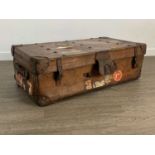 LARGE LEATHER TRUNK AND THREE FURTHER TRAVEL TRUNKS