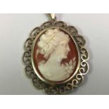 GOLD CAMEO PENDANT ON CHAIN, ALONG WITH AN OVAL CAMEO BROOCH